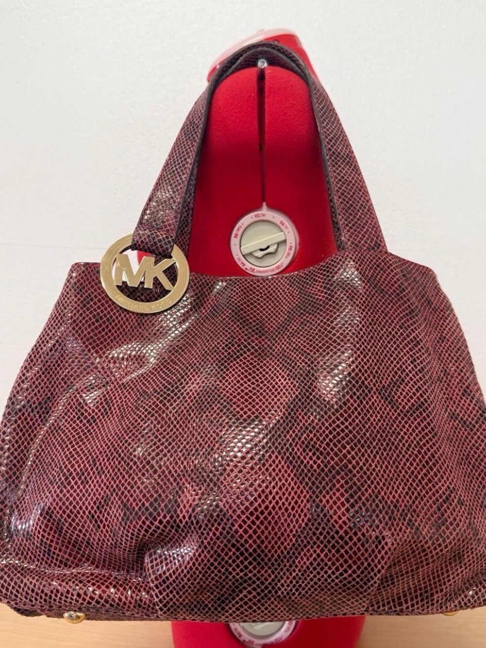 Michael Kors Red Python Embossed Leather Hobo Shoulder Bag MK Logo Fall 26 #015